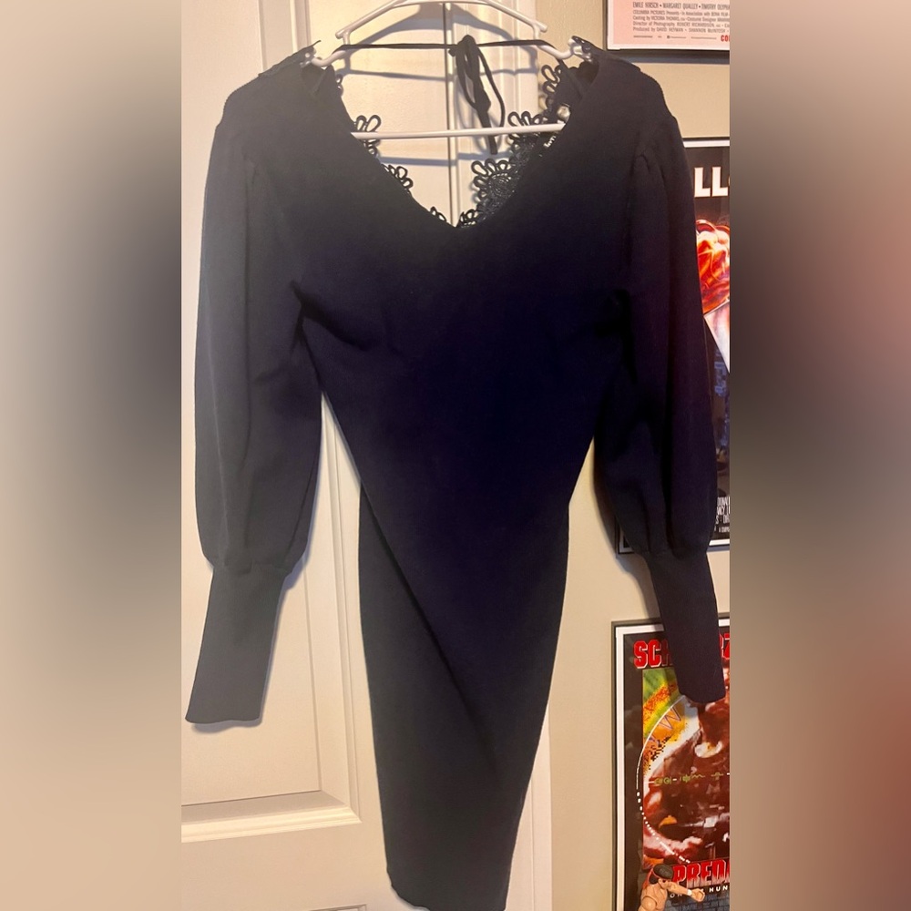 Navy Sweater Dress with Lace - Picture 3 of 4